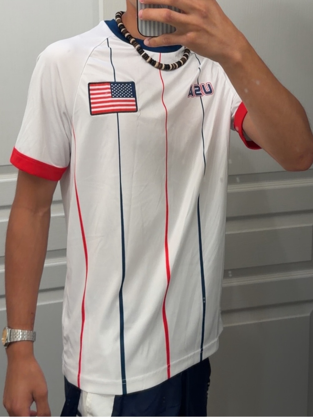 USA Flag White Men's Tee with Red Trim